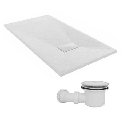 SunDaze 1300 x 700mm SMC White Rectangle Slate Effect Shower Tray with Fluidmaster 90mm Fast Flow Waste