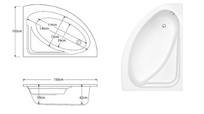 SunDaze 1500 x 1040mm Gloss White Acrylic Corner Bath Right Hand