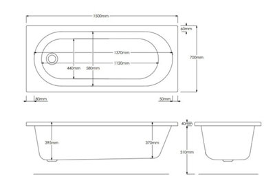 SunDaze 1500 x 700mm Gloss White Acrylic Rectangular Straight Bath Single Ended