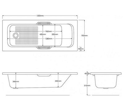 SunDaze 1500 x 700mm Gloss White Acrylic Twin Grip Anti-Slip Straight Bath Single Ended