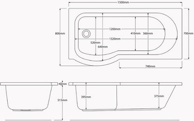 SunDaze 1500 x 800mm Gloss White Acrylic P Shape Left Hand Shower Bath