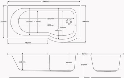 SunDaze 1500 x 800mm Gloss White Acrylic P Shape Right Hand Shower Bath