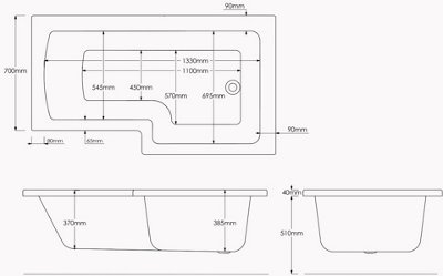 SunDaze 1500 x 850mm Gloss White Acrylic L Shape Right Hand Shower Bath