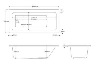 SunDaze 1600 x 700mm Gloss White Acrylic Rectangular Straight Bath Single Ended
