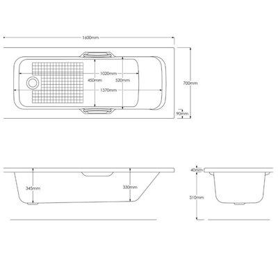 SunDaze 1600 x 700mm Gloss White Acrylic Twin Grip Anti-Slip Straight Bath Single Ended