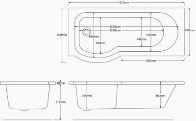 SunDaze 1675 x 850mm Gloss White Acrylic P Shape Left Hand Shower Bath