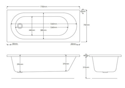 SunDaze 1700 x 700mm Gloss White Acrylic Rectangular Straight Bath Tub Single Ended