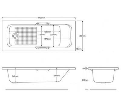 SunDaze 1700 x 700mm Gloss White Acrylic Twin Grip Anti-Slip Straight Bath Single Ended