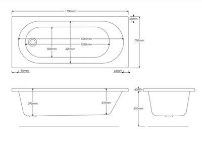 SunDaze 1700 x 750mm Gloss White Acrylic Rectangular Straight Bath Single Ended