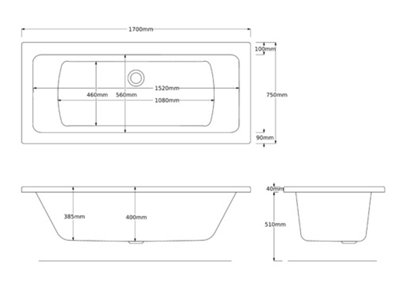 SunDaze 1700 x 750mm Gloss White Acrylic Rectangular Straight Bath Tub Double Ended