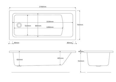 SunDaze 1700 x 750mm Gloss White Acrylic Rectangular Straight Bath Tub Single Ended