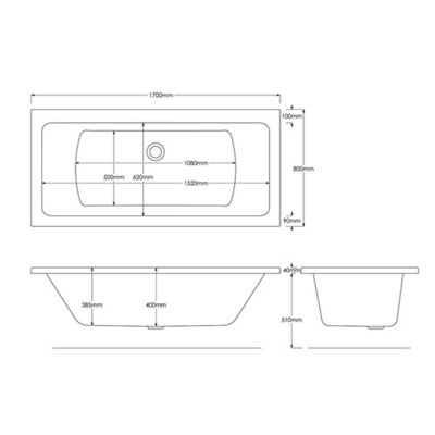 SunDaze 1700 x 800mm Gloss White Acrylic Rectangular Straight Bath Double Ended