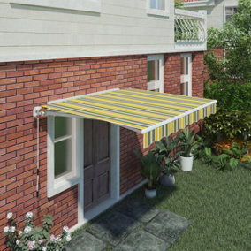 SunDaze 2.5 x 2m Manual Awning Retractable Garden Patio Canopy Sun Shade Shelter with Fittings and Crank Handle Yellow-Stripe