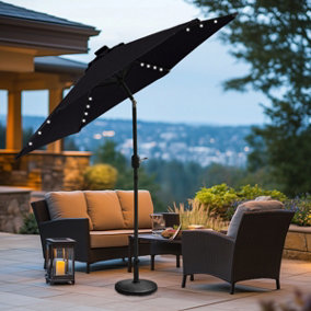 SunDaze 2.5M Black Round Garden Parasol Solar LED Lights Umbrella Tilt Crank Patio with Base