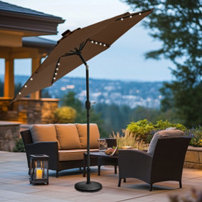 SunDaze 2.5M Coffee Round Garden Parasol Solar LED Lights Umbrella Tilt Crank Patio with Base