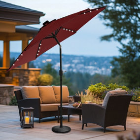 SunDaze 2.5M Wine Red Round Garden Parasol Solar LED Lights Umbrella Tilt Crank Patio with Base