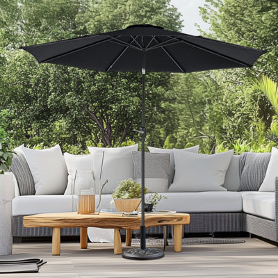 SunDaze 2.7M Black Round Patio Unbrella Outdoor Garden Crank Tilt Parasol with Base