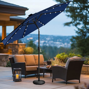 SunDaze 2.7M Blue Round Garden Parasol Solar LED Lights Umbrella Tilt Crank Patio with Base