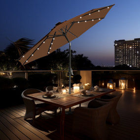 SunDaze 2.7M Coffee Garden Parasol with Solar LED Lights and Crank Tilt Mechanism Outdoor Patio Umbrella