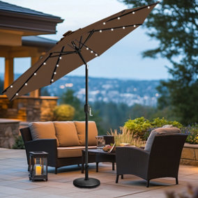 SunDaze 2.7M Coffee Round Garden Parasol Solar LED Lights Umbrella Tilt Crank Patio with Base