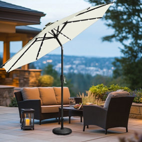 SunDaze 2.7M Cream Round Garden Parasol Solar LED Lights Umbrella Tilt Crank Patio with Base