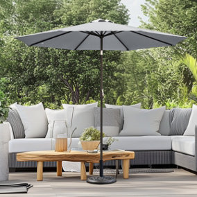 SunDaze 2.7M Grey Round Garden Parasol Patio Sun Shade Canopy Crank Tilt Umbrella with Base