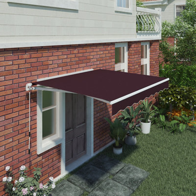SunDaze 3.5 x 2.5m Manual Awning Retractable Garden Patio Canopy Sun Shade Shelter with Fittings and Crank Handle Wine Red