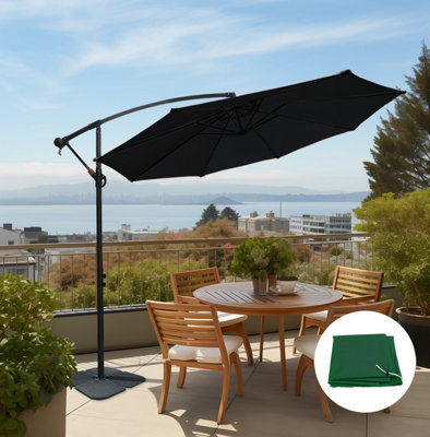 SunDaze 3M Black Garden Patio Cantilever Banana Hanging Umbrella, Parasol Base & Weather Protective Cover