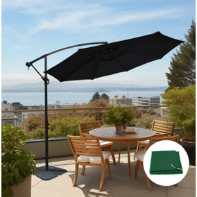 SunDaze 3M Black Garden Patio Cantilever Banana Hanging Umbrella, Parasol Base & Weather Protective Cover