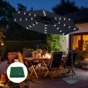 SunDaze 3M Black LED Garden Patio Cantilever Banana Hanging Umbrella, Parasol Base & Weather Protective Cover