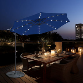 SunDaze 3M Blue Garden Cantilever Banana Parasol with Solar LED Lights Outdoor Patio Umbrella