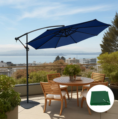 SunDaze 3M Blue Garden Patio Cantilever Banana Hanging Umbrella, Parasol Base & Weather Protective Cover
