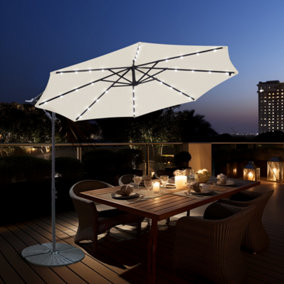 SunDaze 3M Cream Garden Cantilever Banana Parasol with Solar LED Lights Outdoor Patio Umbrella