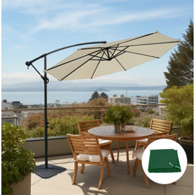 SunDaze 3M Cream Garden Patio Cantilever Banana Hanging Umbrella, Parasol Base & Weather Protective Cover