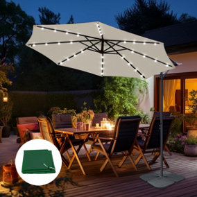 SunDaze 3M Cream LED Garden Patio Cantilever Banana Hanging Umbrella, Parasol Base & Weather Protective Cover