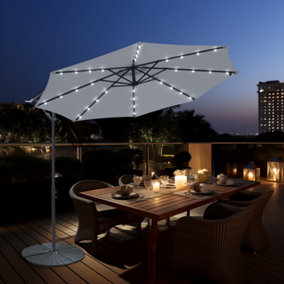 SunDaze 3M Grey Garden Cantilever Banana Parasol with Solar LED Lights Outdoor Patio Umbrella