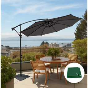 SunDaze 3M Grey Garden Patio Cantilever Banana Hanging Umbrella, Parasol Base & Weather Protective Cover