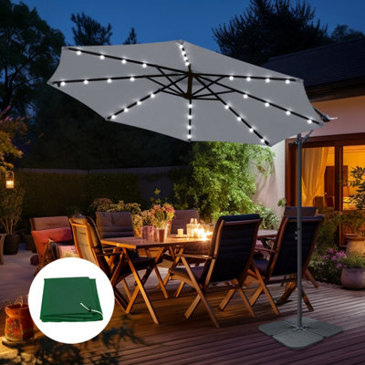 SunDaze 3M Grey LED Garden Patio Cantilever Banana Hanging Umbrella, Parasol Base & Weather Protective Cover