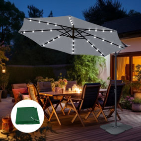 SunDaze 3M Grey LED Garden Patio Cantilever Banana Hanging Umbrella, Parasol Base & Weather Protective Cover