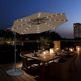 SunDaze 3M Taupe Garden Cantilever Banana Parasol with Solar LED Lights Outdoor Patio Umbrella