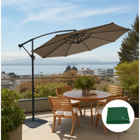 SunDaze 3M Taupe Garden Patio Cantilever Banana Hanging Umbrella, Parasol Base & Weather Protective Cover