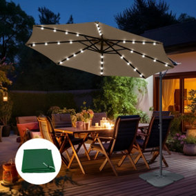 SunDaze 3M Taupe LED Garden Patio Cantilever Banana Hanging Umbrella, Parasol Base & Weather Protective Cover