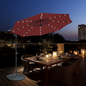 SunDaze 3M Wine Red Garden Cantilever Banana Parasol with Solar LED Lights Outdoor Patio Umbrella
