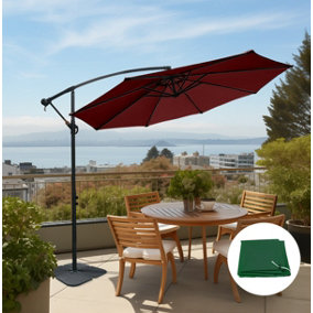 SunDaze 3M Wine Red Garden Patio Cantilever Banana Hanging Umbrella, Parasol Base & Weather Protective Cover