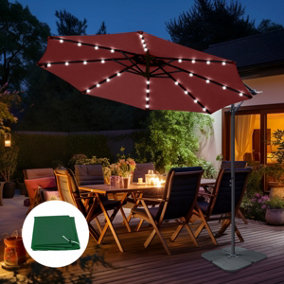 SunDaze 3M Wine Red LED Garden Patio Cantilever Banana Hanging Umbrella, Parasol Base & Weather Protective Cover