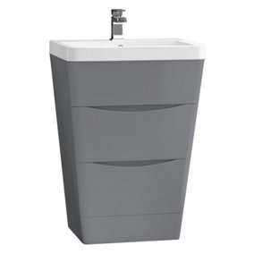 SunDaze 600mm Gloss Grey 2 Drawer Floor Standing Cabinet Storage Furniture Vanity Sink Unit