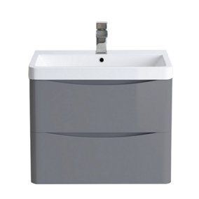 SunDaze 600mm Gloss Grey 2 Drawer Wall Hung Bathroom Cabinet Vanity Unit