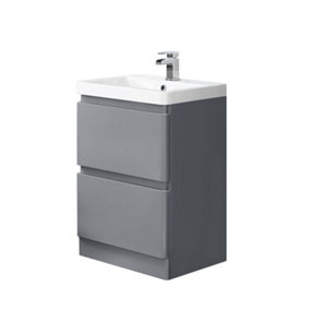 SunDaze 600mm Gloss Grey Floor Standing 2 Drawer Vanity Unit Storage Bathroom Furniture