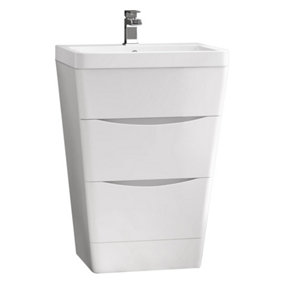SunDaze 600mm Gloss White 2 Drawer Floor Standing Cabinet Storage Furniture Vanity Sink Unit
