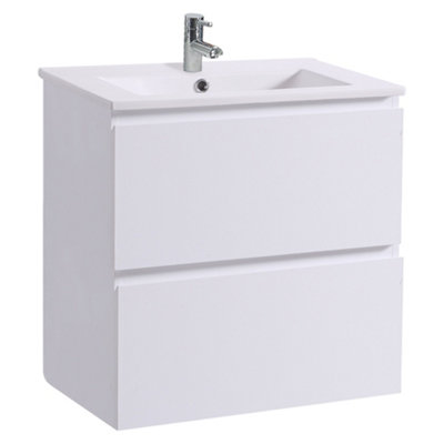 SunDaze 600mm Gloss White 2 Drawer Hung Cabinet Vanity Unit Ceramic Basin Bathroom Furniture Price Comparisons | Compare The Build